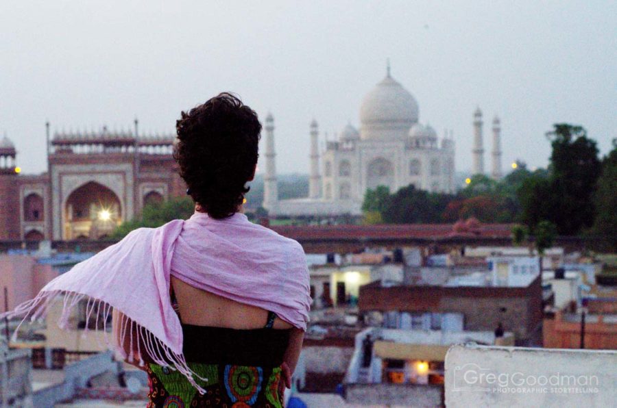 Half Hair looking out at the Taj Mahal