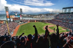 Celebrating a home team hit during opening day at AT&T Park in 2011