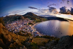 A fisheye view of Copacabana and Lake Titicaca at sunset