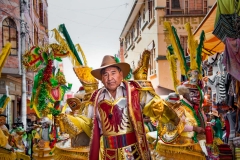 Men and women dressed up in ornate (and heavy ) costumes to celebrate la Festivad en Honor a la Virgen de la Candelaria in Copacabana, Bolivia