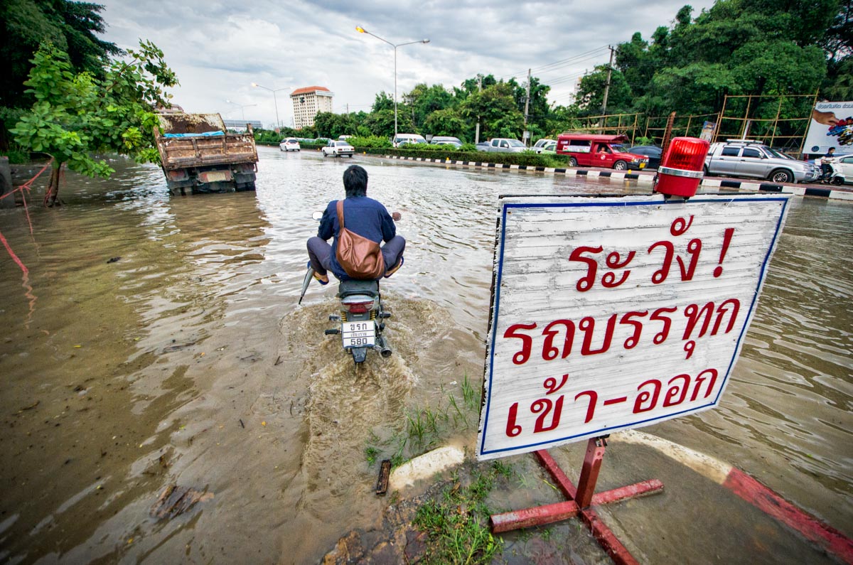 The streets often flood during rainy season in Chiang Mai, Thailand