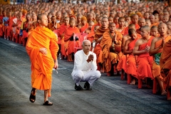 A devotee kneels to pray during the 12,999 Monk Alms Procession in Chiang Mai, Thailand