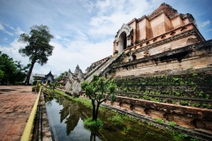 The moat surrounding Wat Chedi Luang often fills up during monsoon season in Chiang Mai