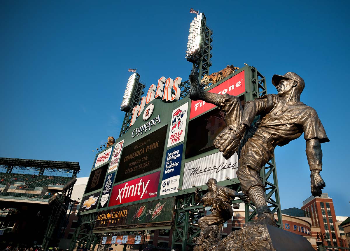 Tiger's statue in front of a baseball stadium, Comerica Park