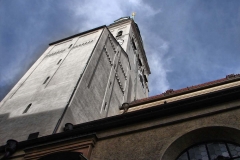 Looking up at the Peterskirche church in Munich