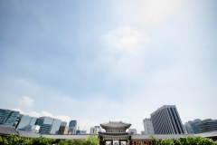 The ancient (though rebuilt) Gyeongbokgung Palace is surrounded by a modern metropolis in Seoul, South Korea