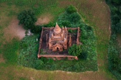 A beautiful old temple in Bagan, as seen from a hot air balloon