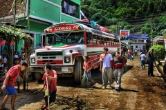 The Esteli Express "Chicken Bus" is parked in Murra during a festival
