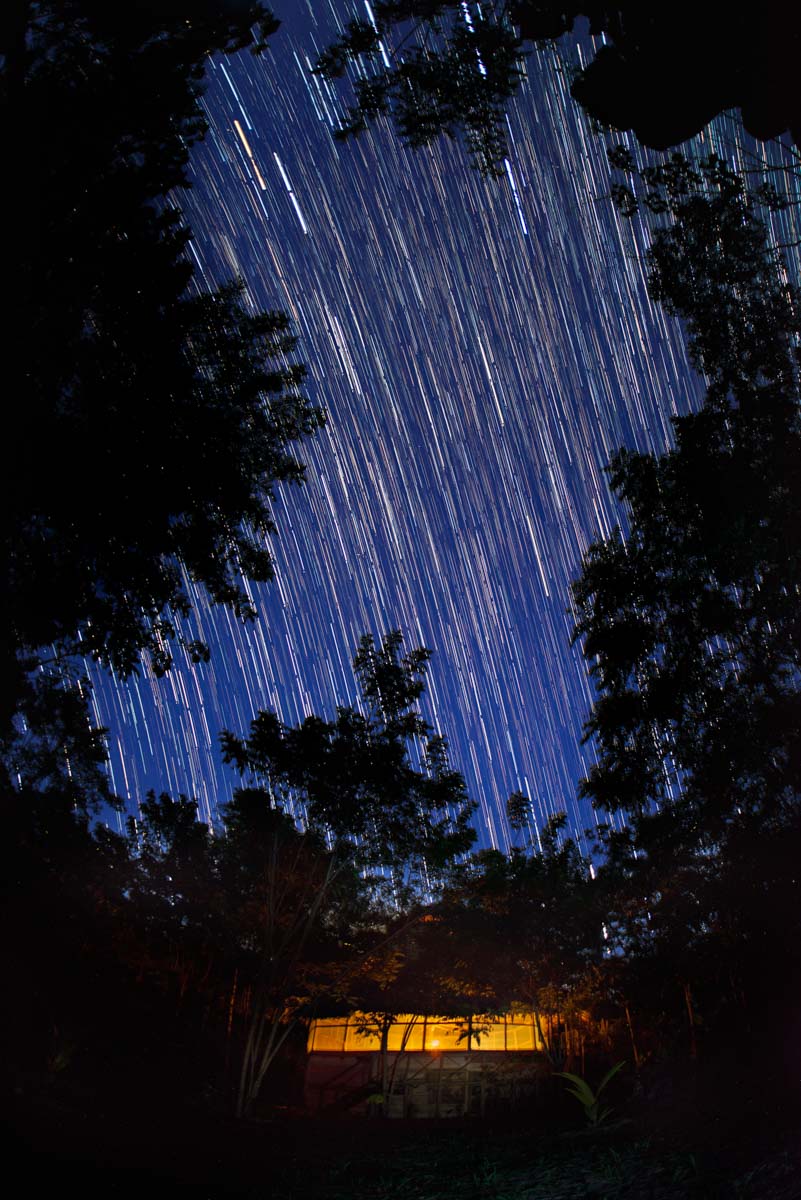 A 30 minute exposure of stars above a maloka at the Patiti Institute in Iquitos, Peru