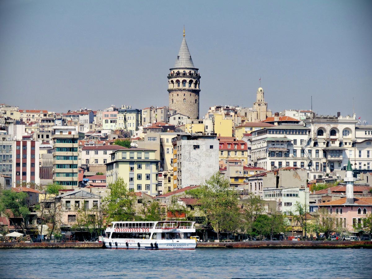 The Galata Tower, as seen from the Golden Horn in Istanbul, Turkey