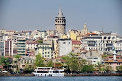 The Galata Tower, as seen from the Golden Horn in Istanbul, Turkey