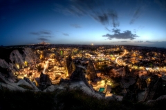 Blue hour over the town of Goreme in Cappadocia, Turkey