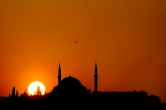 Sunset over the Gul Mosque in Istanbul, Turkey