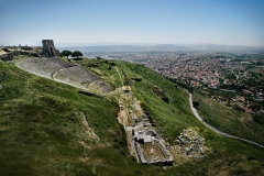 The ancient Pergamon Acropolis Theatre overlooks modern-day Bergama, Turkey