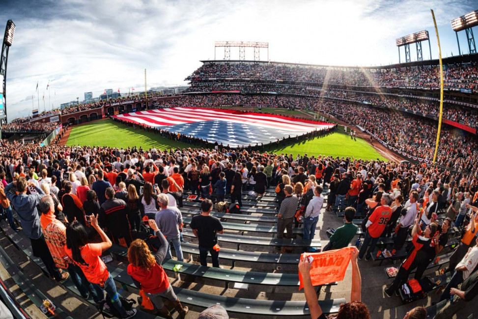 Giant American flags are unfurled in center before all important games at AT&T Park ... like this one before Game 4 of the 2014 NLCS