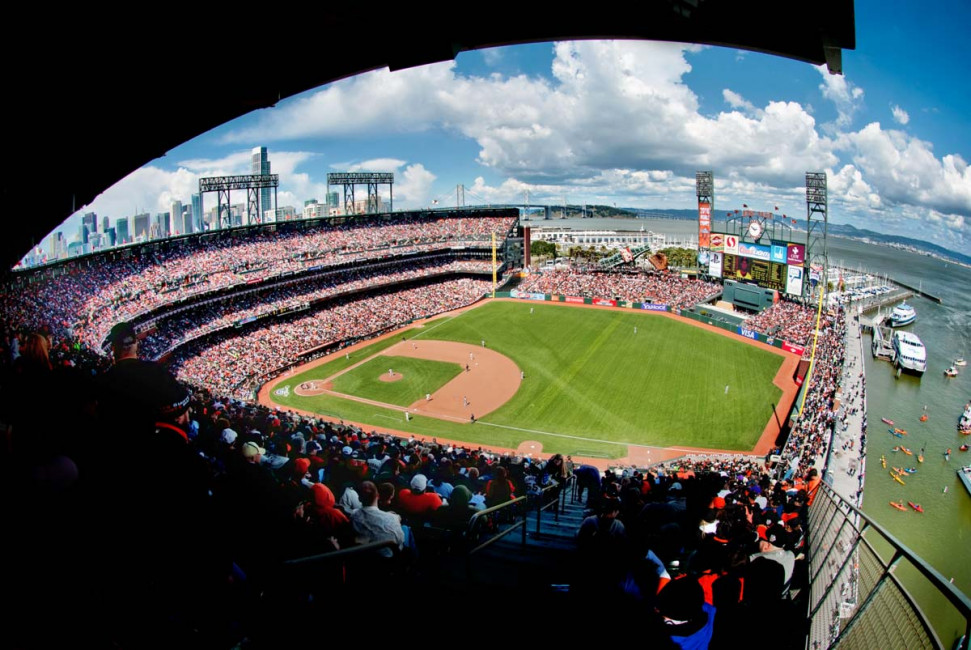A fisheye view of AT&T Park from the last row of the left field upper deck