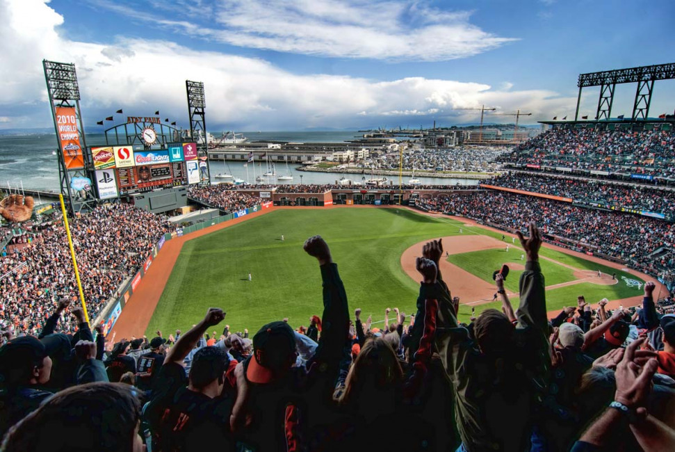 Celebrating a home team hit during opening day at AT&T Park in 2011