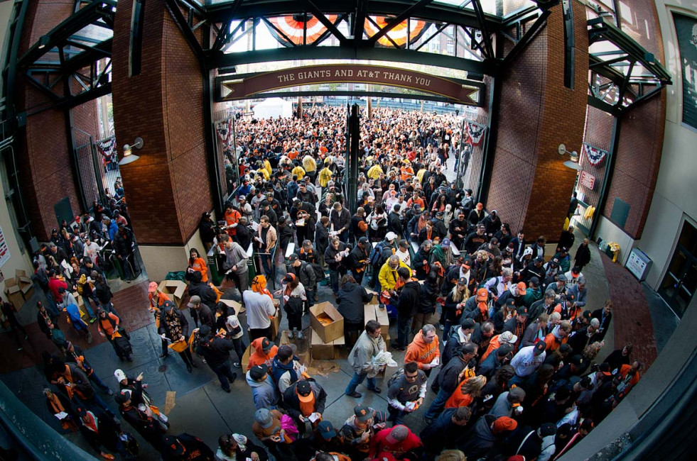 Huge crowds often fill the entryway of AT&T Park before and after baseball games