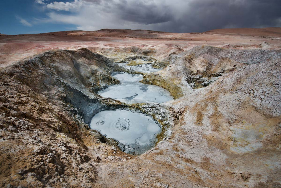 Craters of sulphur at the Geisers Fumarolas in Sol de Manana, Bolivia