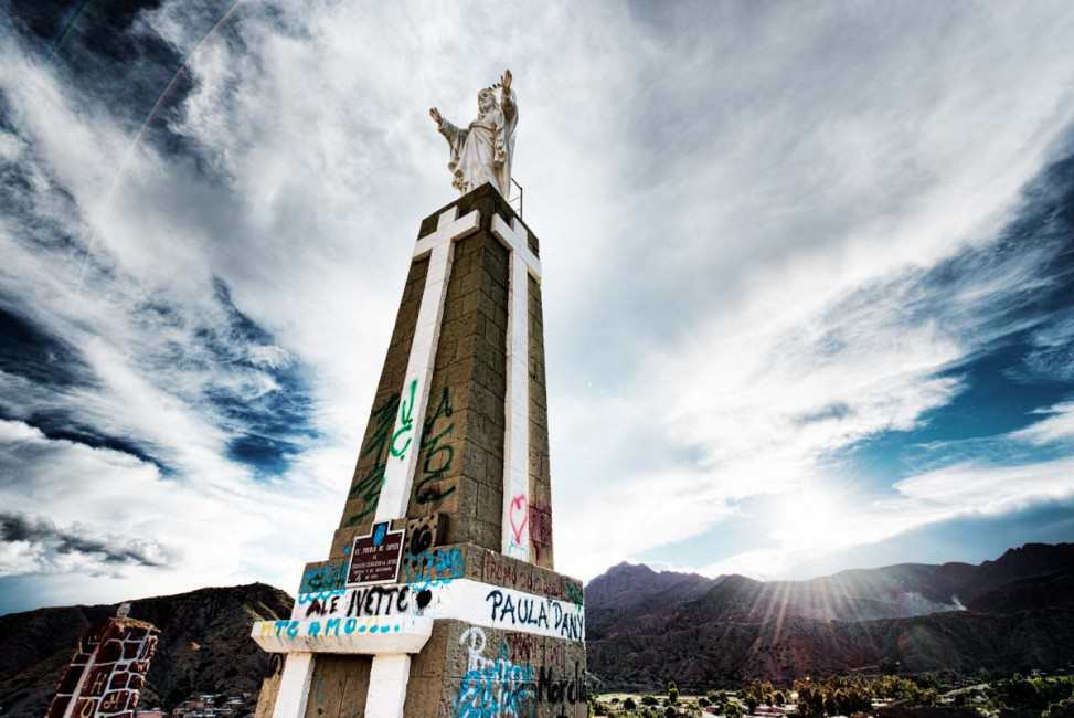 A monument to Jesus sits high above the mountain town of Tupiza in southern Bolivia