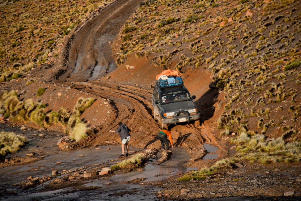 Crossing rivers is a common occurrence while traveling across the mountains of southern Bolivia between Tupiza and Uyuni