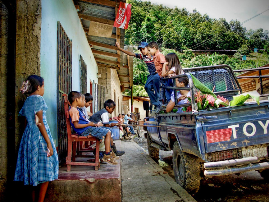 A Toyota truck waits to transport locals to a funeral in Murra, Nicaragua