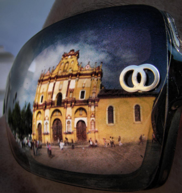 Mexico's San Cristobol Church reflects in my wife's sunglasses