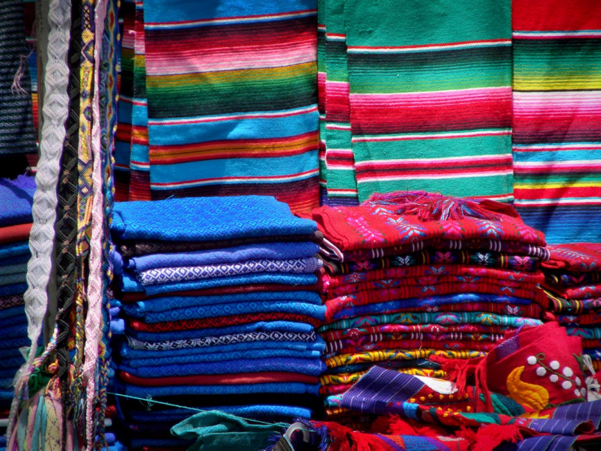 Blankets and other fabrics for sale in Mexico's Chiapas market