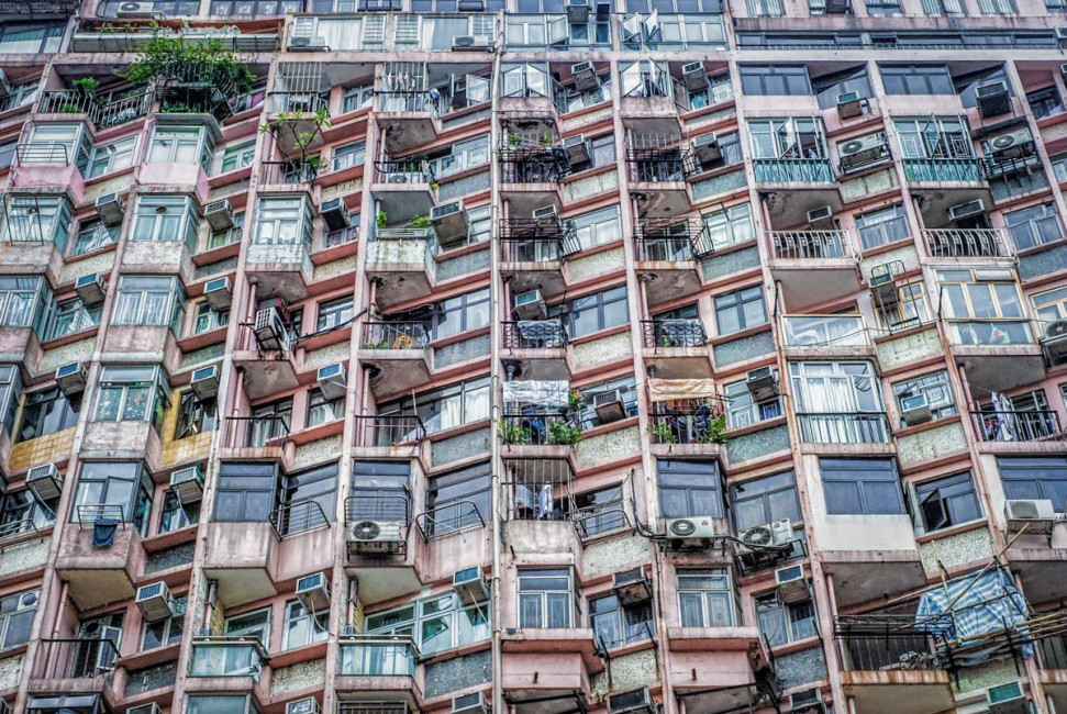 A wall of apartment windows in Hong Kong