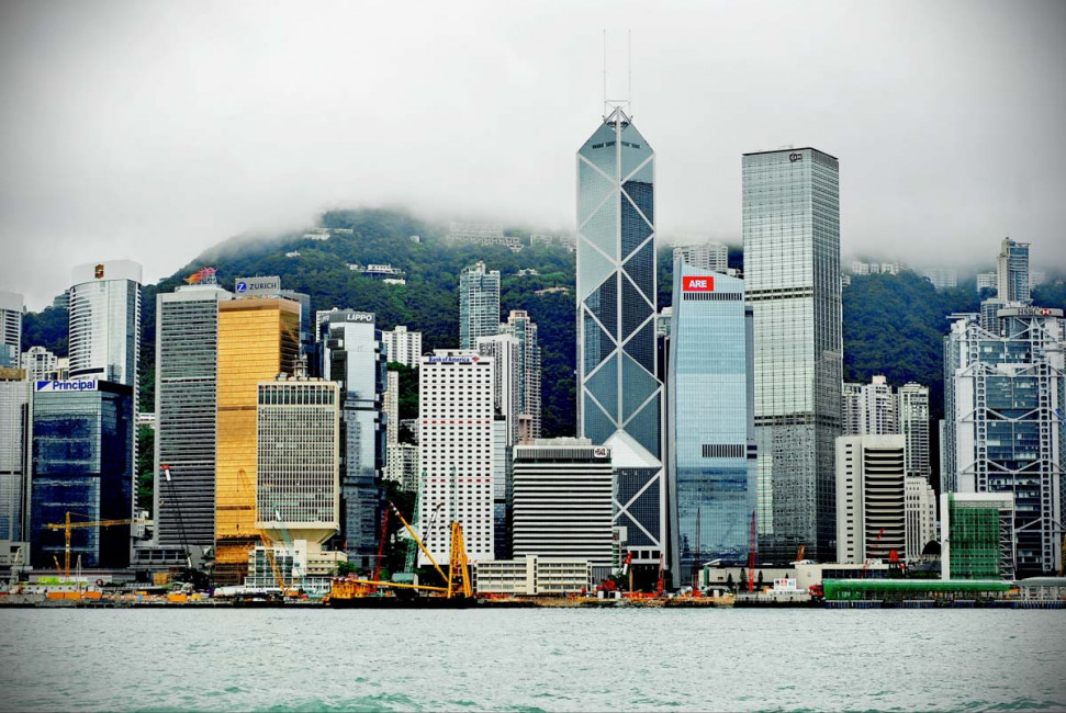 The Hong Kong skyline, as seen from the harbor ferry