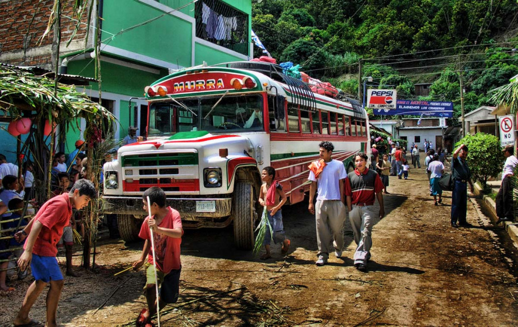 The Esteli Express "Chicken Bus" is parked in Murra during a festival