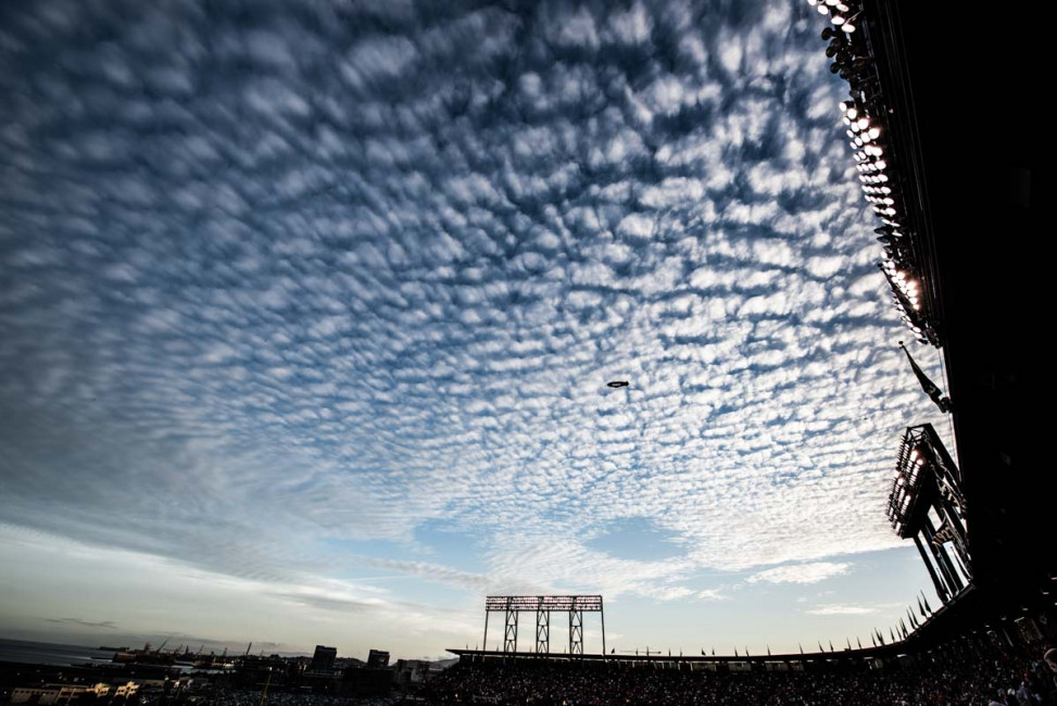Looking up at the sky during an October baseball game at AT&T Park