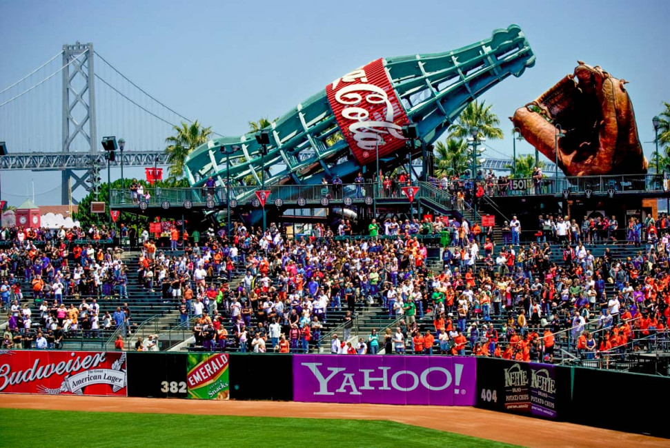 A giant Coca Cola bottle doubles as a slide in the center field walkway of AT&T Park