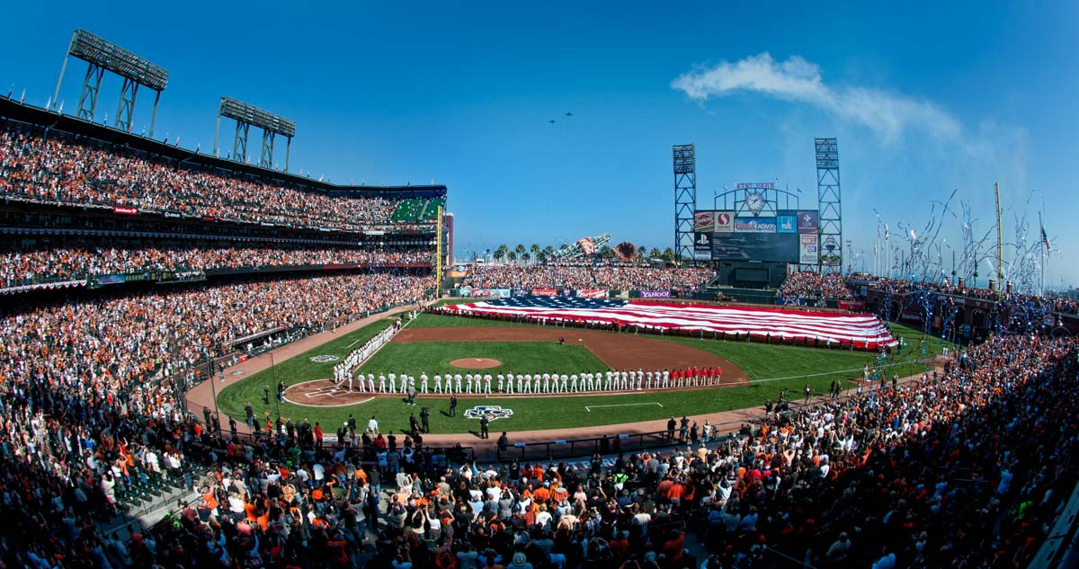 Fireworks, military jets and American Flags adorn AT&T Park during the pregame ceremony before Game 3 of the 2010 NLCS