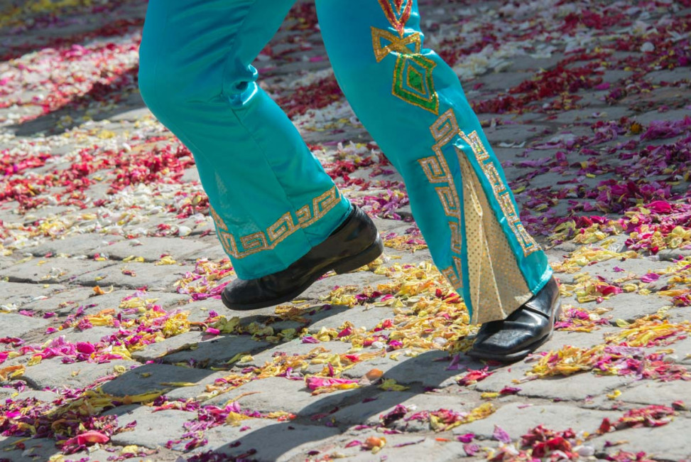 Dancing on the street to celebrate la Festivad en Honor a la Virgen de la Candelaria in Copacabana, Bolivia