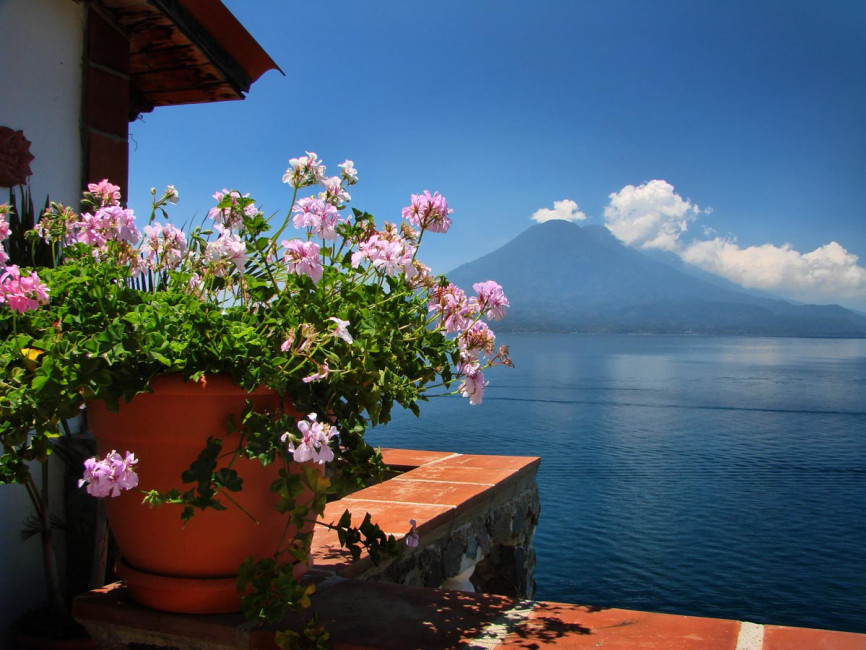 A balcony view from el Casa del Mundo - a spectacular hotel on Lago Atitlan in Guatemala