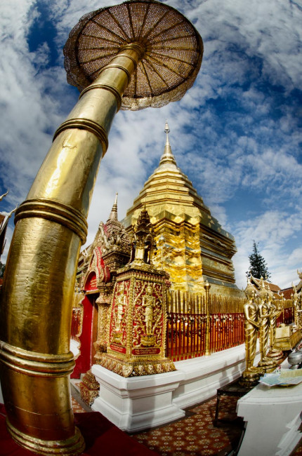 Wat Doi Suthep's golden temple is located high in the mountains of Chiang Mai, Thailand
