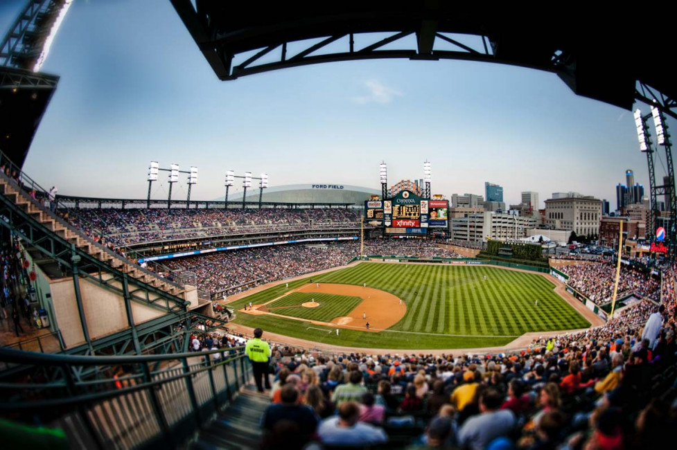 A view of Comerica Park from one of the last rows in the upper deck behind first base