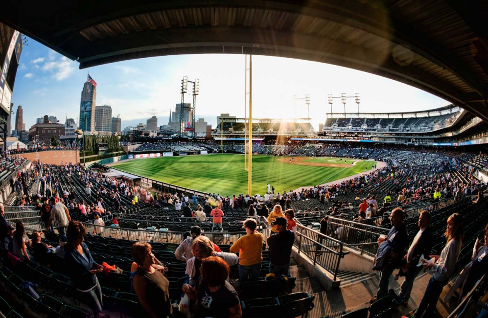 A late-afternoon sunburst peels through right field at Comerica Park - home of the Detroit Tigers
