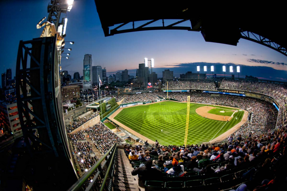 The view of Comerica Park, as seen from the last row of the upper deck in left field ... note the scoreboard on the left side of the photo