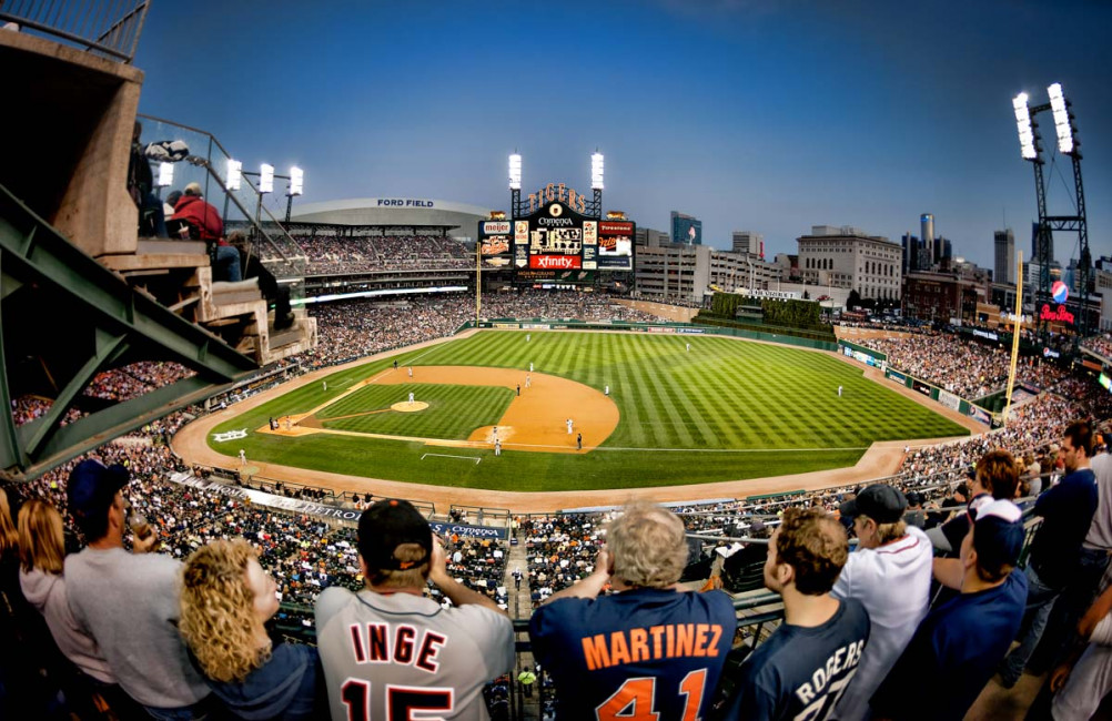 Detroit Tigers fans enjoy standing room views of Comerica Park