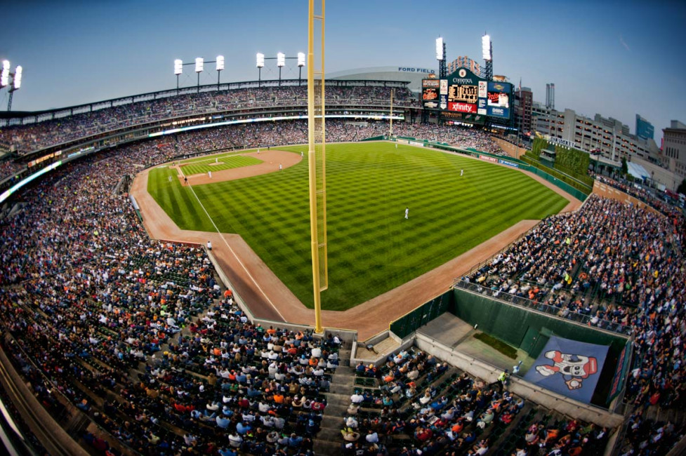 The right field foul pole at Comerica Park - home of the Detroit Tigers