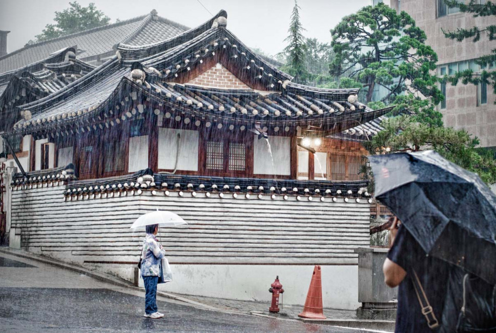 Monsoon season outside the Bukschon Hanok Village in Seoul