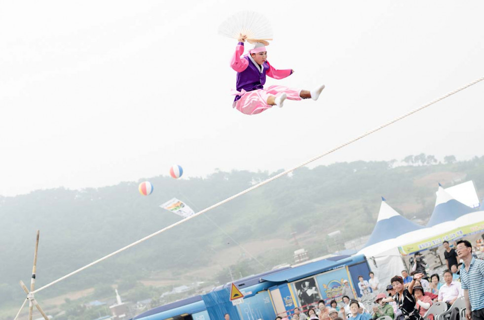 Tightrope dancing during the Namsadang Celebration in Yeonggwang Gun, South Korea