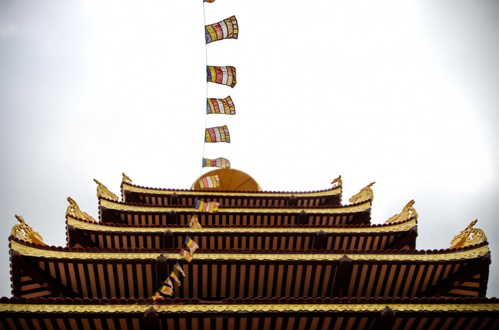 Looking up at the Phat Tich Temple in Vientiane, Laos