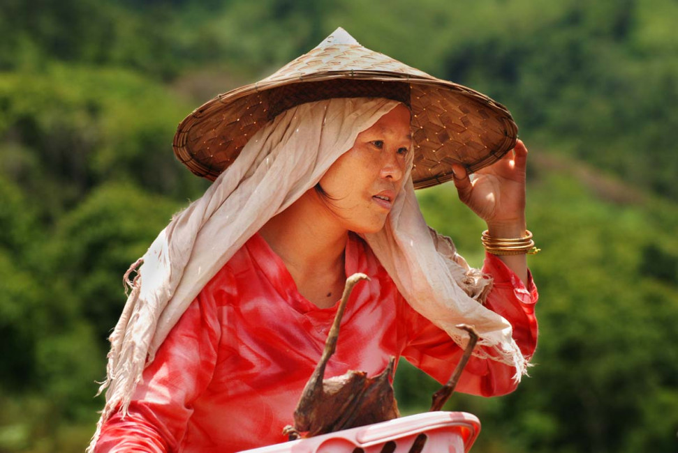 A woman sells food alongside the Mekong River in northern Laos