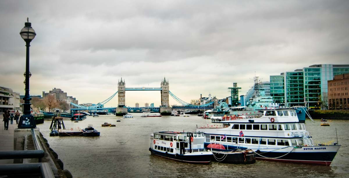 London Bridge and the Thames River on a typically overcast day