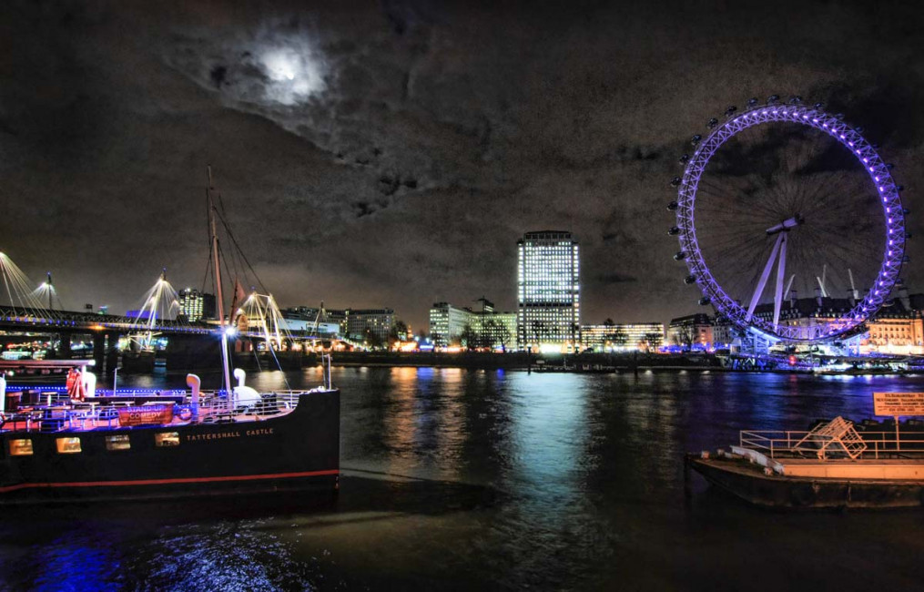 The London Eye and the Thames River on a mostly-clear January evening