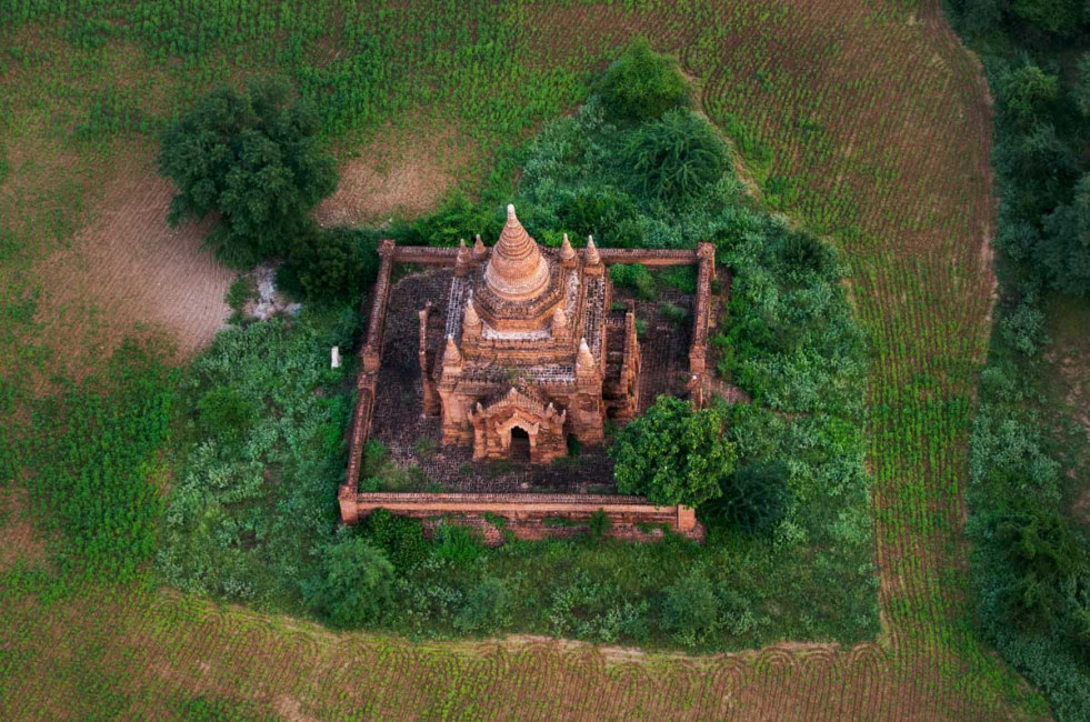 A beautiful old temple in Bagan, as seen from a hot air balloon