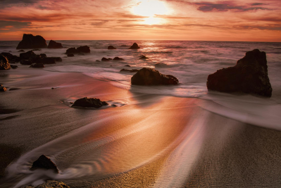 A long exposure of sunset at Schoolhouse Beach in Bodega Bay, California